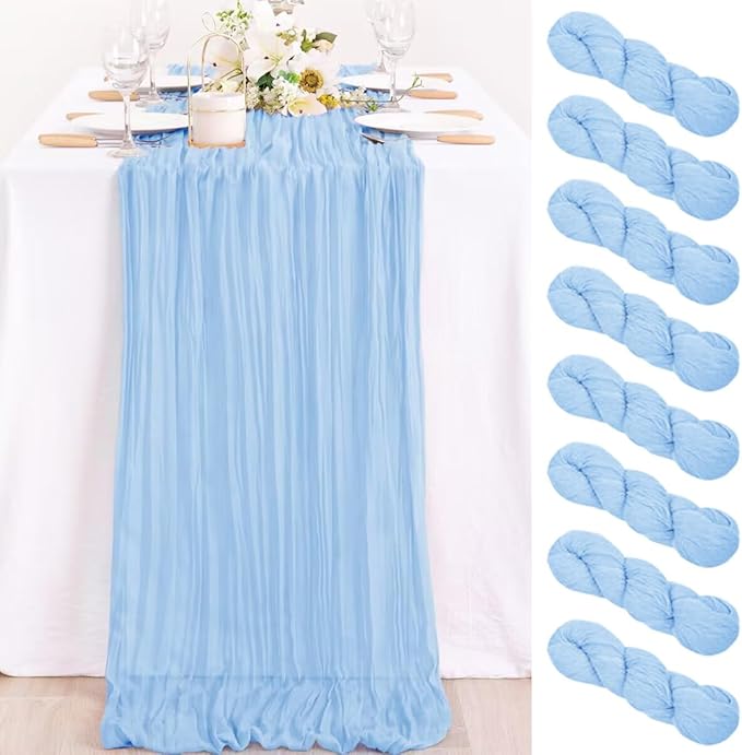 MLMC 8 Pack Baby Blue Table Runner Light Blue Cheesecloth Table Runner 10ft Rustic Gauze Blue Cheese Cloth Baby Shower Decor 35x120 Inches for Gender Reveal Birthday Wedding Party Decor