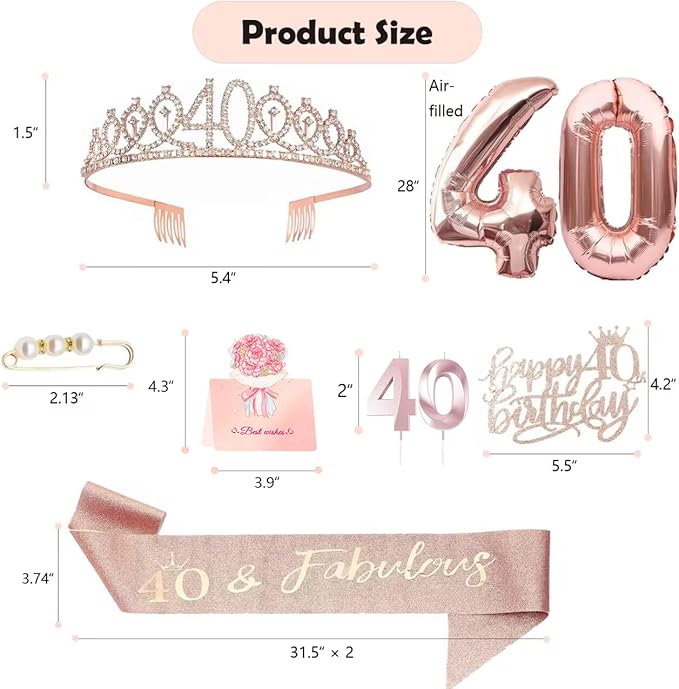 40th Birthday Gifts Decorations for Women, Including 40th Happy Birthday Cake Toppers, Birthday Queen Sash with Pearl Pin, Sweet Rhinestone Tiara Crown, Number Candles and Balloons Set