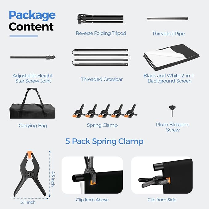 EMART Photo Backdrop with Stand Kit 6.5x5ft, Photography Black and White 2-in-1 Revisible Background Screen with Portable T-Shape Support and 5 Clamps for Video Recording Meeting Self Tape