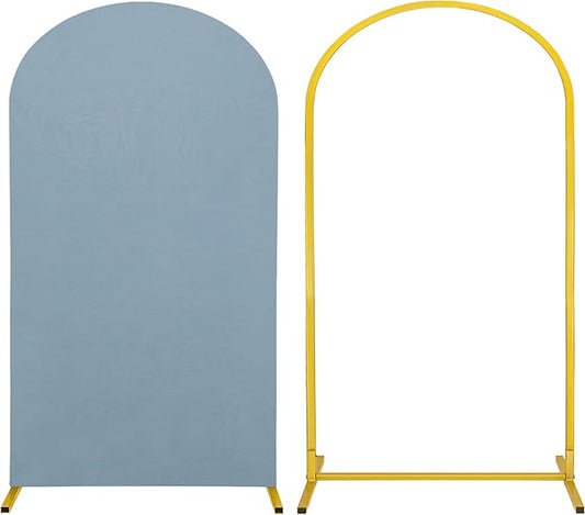 Metal Arch Stand and Cover Set,1 Dusty Blue Spandex Fitted Backdrop with 1 Gold Wedding Arched Stand Frame for Parties Birthday Baby Shower Bridal Banquet Decoration (7.2FT)