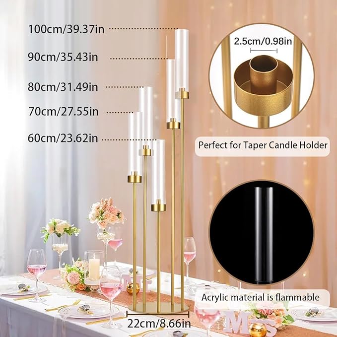 6PCS 5 Arm Candle Holder for Wedding Table,39.4'' Tall Gold Floor Candelabra with Acrylic Lampshade for Birthday Party Home Decoration,Fit LED Taper Candles