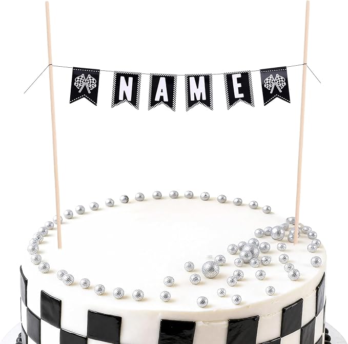 DIY Race Car Cake Topper Kit, Custom Name Checkered Flag Racing Birthday Cake Decoration for Boys & Girls Personalized Party Decorations