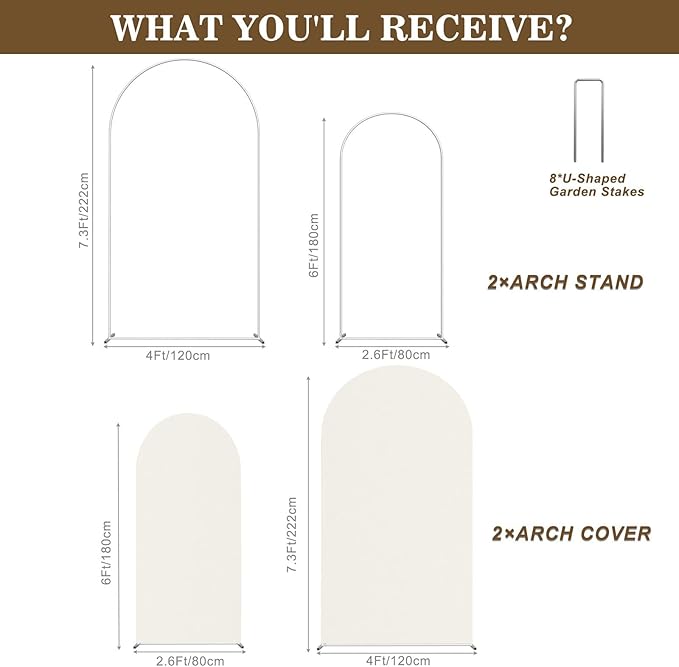Wedding Arch Backdrop Stand and Cover Set(7.3FT,6FT) Set of 2,Metal Balloon Arch Stand Frame for Wedding Birthday, Party, Baby Shower, Christmas Anniversary,Beige