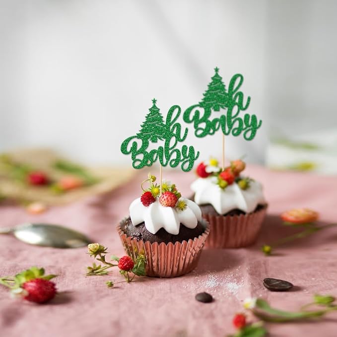 24Pcs Christmas Oh Baby Cupcake Toppers Glitter Christmas Tree Reindeer Santa Hat Baby Shower Birthday Cupcake Picks for Theme Baby Shower Kids Birthday Party
