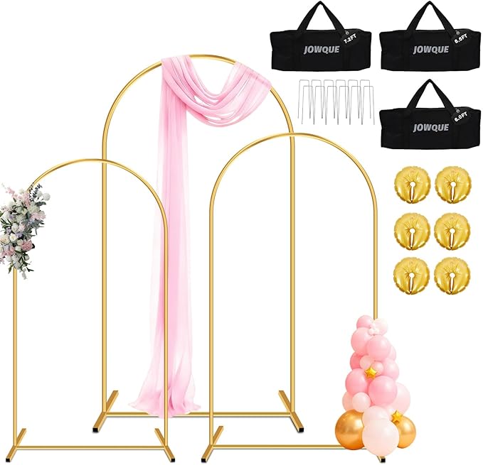 Heavy Duty Metal Arch Backdrop Stand, 7.2FT, 6.6FT, 6FT Set of 3 Gold Arch Stand with Ground Stakes and Water Bags, Balloon Arch Stand for Wedding Party Baby Shower Photo Flower Arch Decration