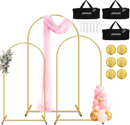 Heavy Duty Metal Arch Backdrop Stand, 7.2FT, 6.6FT, 6FT Set of 3 Gold Arch Stand with Ground Stakes and Water Bags, Balloon Arch Stand for Wedding Party Baby Shower Photo Flower Arch Decration