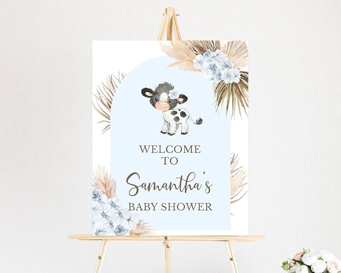 Boy Blue Cow Baby Shower Welcome Sign, Baby Shower Sign, Welcome to Baby Shower Sign Personalized, Welcome Sign for Baby Shower, Baby Shower Welcome Sign with Stand, Custom Baby Shower Sign