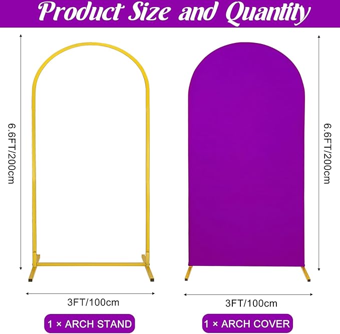 Metal Arch Stand and Cover Set,1 Purple Spandex Fitted Backdrop with 1 Gold Wedding Arched Stand Frame for Parties Birthday Baby Shower Bridal Banquet Decoration (6.6FT)