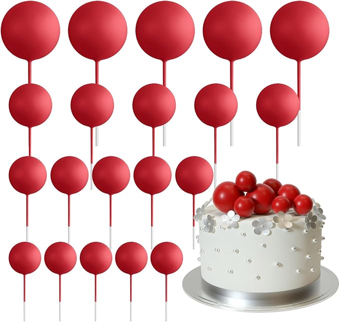 ASTARON 20 Pcs Ball Cake Topper Decorations Mini Balloons Cake Topper Sticks Red Balls Cake Picks Cake Topper Balls for Graduation Birthday Cake Decorations