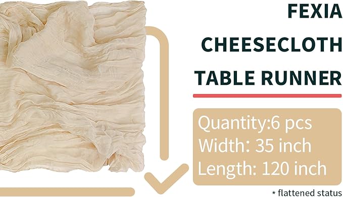 FEXIA 6 Pack Beige Gauz Table Runner 35x120 Inches for Centerpiece Table Decorations Ivory Cheesecloth Rustic Boho Table Runner for Bridal Shower Wedding Party First Communion Centerpiece Engagement