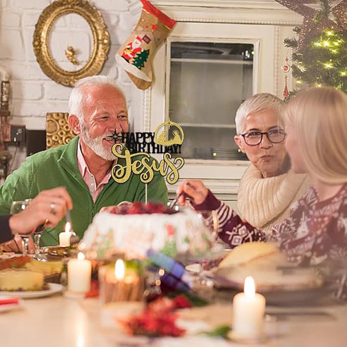 1Pcs Happy Birthday Cake Topper Glitter Black-gold Jesus Birthday Cake Pick Merry Christmas Cake Decorations for Nativity Scene Christmas Birthday Party Supplies