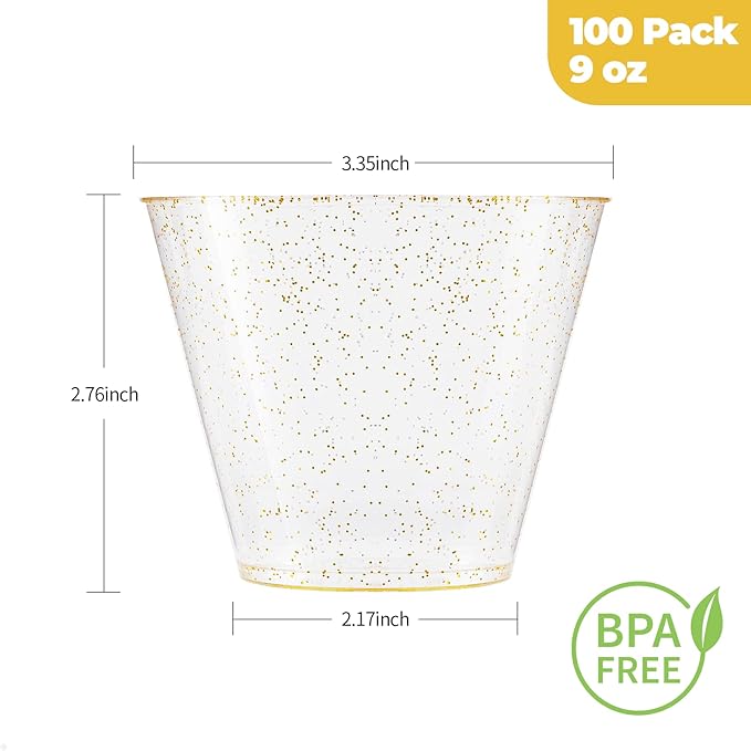 Goodluck 9 oz 100 PCS Gold Glitter Plastic Cups, Disposable Glitter Cups, Elegant Plastic Cocktail Glasses, Fancy Party Cups for Wedding, Birthday, Holiday