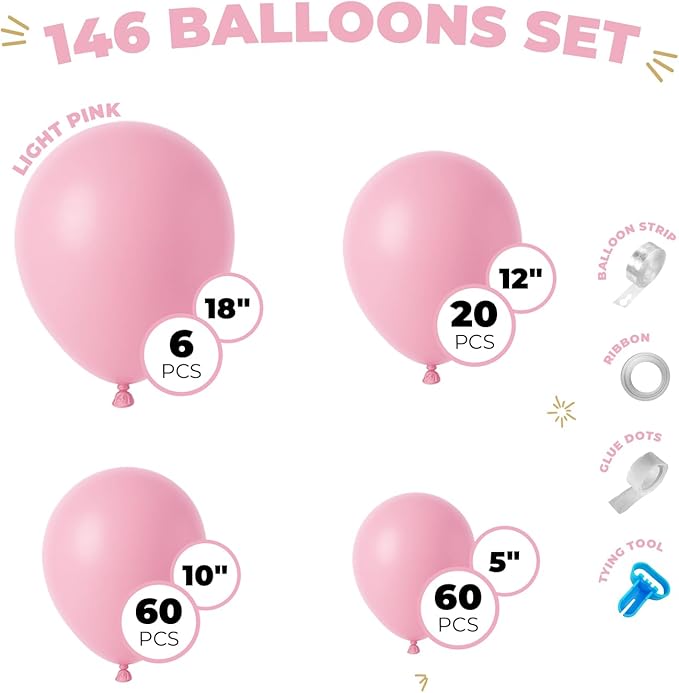 Balloon Garland Arch Kit – 146 Pcs Light Pink Balloons for Baby Shower, Birthday, Gender Reveal, Wedding Party – DIY Kit by Vellax™