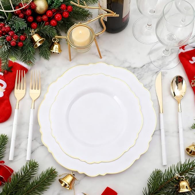 WDF 90Pieces Gold Plastic Silverware-Gold Plastic Cutlery with White Handle- Heavy Duty Thanksgiving Christmas Silverware Include 30Forks, 30 Spoons, 30 Knives for Parties