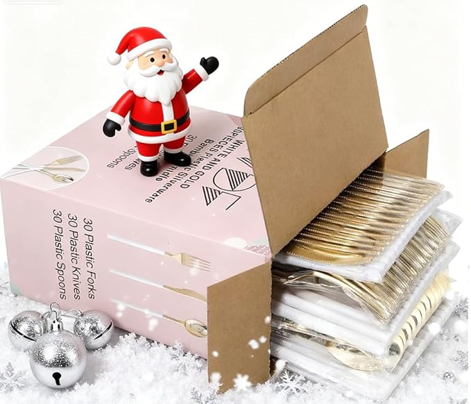 WDF 90Pieces Gold Plastic Silverware-Gold Plastic Cutlery with White Handle- Heavy Duty Thanksgiving Christmas Silverware Include 30Forks, 30 Spoons, 30 Knives for Parties