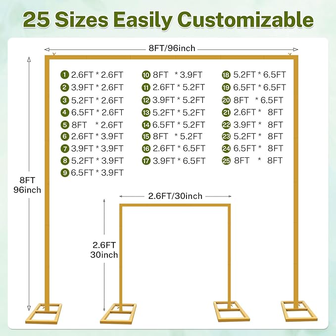 8FT x 8FT Backdrop Stand Kit - Gold Portable Adjustable Stand,Square Metal Arch Party Frame for Wedding/Baby Shower/Birthday Parties/Banquet