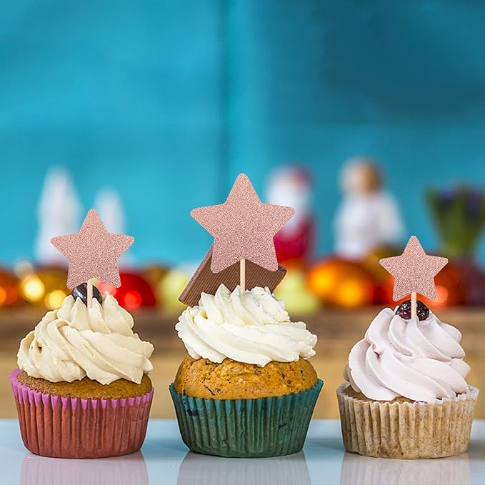 30 PCS Little Star Cupcake Toppers Glitter Twinkle Star Cupcake Picks Wedding Engagement Bridal Shower Baby Shower Birthday Party Cake Decorations Supplies Mixed Size Rose Gold