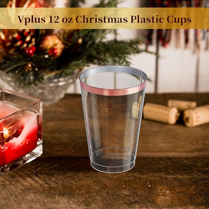 Vplus 150 Pack 12 OZ Reusable Rose Gold Rimmed Clear Plastic Cups, Disposable Heavy Duty Plastic Cups for Party, Christmas, Wedding, Thanksgiving, Halloween
