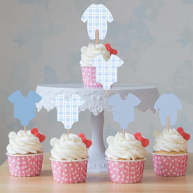 48Pcs Baby Shower Decorations Boy Cupcake Toppers Decorating, Blue Baby Shower Boy Cake Toppers Party Decorations Supplies, Blue Bodysuit Happy Birthday Decor Supplies Cake Decor