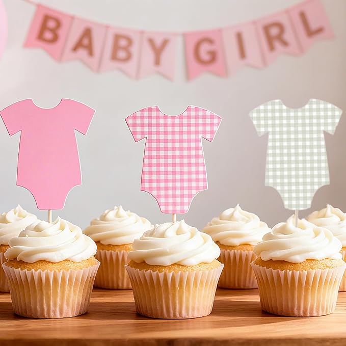 ALISSAR 36 Pcs Pink Gingham Cupcake Toppers - Baby Shower Decorations for Girls, Bodysuit & Cupcake Toppers, Diaper Cake Decor, Gender Reveal Party Supplies