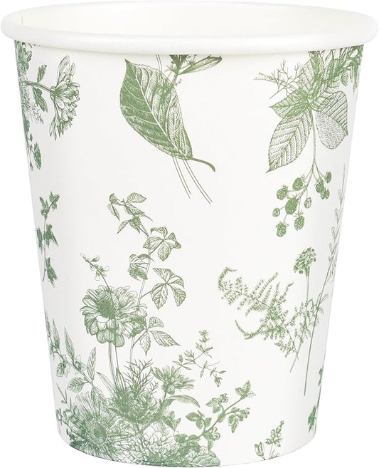 100Pcs Floral Paper Cups White Sage Green Flowers Party Cups 9oz Disposable Toile Chinoiserie Drinking Cups for Hot Cold Beverage Birthday Baby Shower Party Supplies (100, Sage Green)