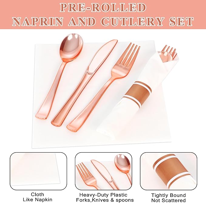 50 Pack Pre Rolled Rose Gold Plastic Silverware Set,Wrapped Plastic Cutlery Set with Napkin Include 50 Forks,50 Spoons,50 Knives and 50 White Napkins for Party,Wedding