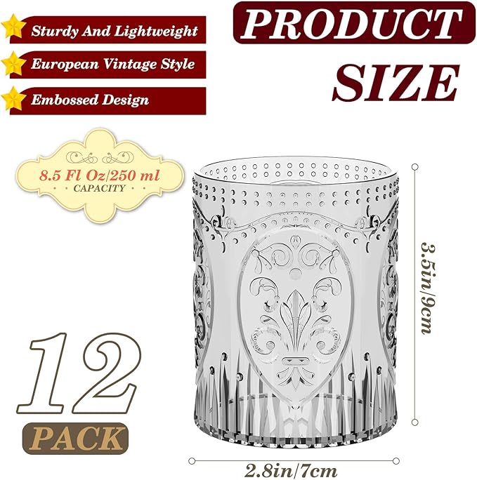 12 Plastic Vintage Drinking Glasses 8.5oz Stemless Retro Embossed Wine Glasses Shatterproof Reusable Cups for Baby Shower Wedding Reception Grand Event Party (Black)