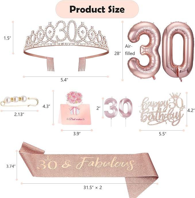30th Birthday Decorations for Her, 30th Birthday Sash and Crown, Cake Topper and Candles, Pop Up Card, Number Balloons, 30 Year Old Gifts for Women, 10pcs