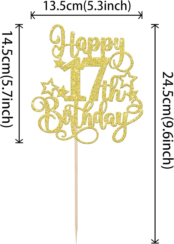1 PCS Happy 17th Birthday Cake Topper Glitter Cheers to 17 Years Birthday Cake Pick Hello 17 Fabulous Cake Decoration for Happy 17th Birthday Anniversary Party Decorations Supplies Gold