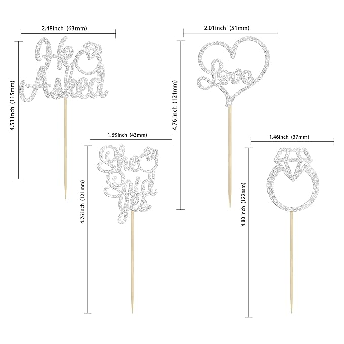 Gyufise 24 Pack Silver Glitter He Asked She Said Yes Cupcake Toppers Diamond Ring Heart Cake Picks for Wedding Engagement Party Cake Decorations