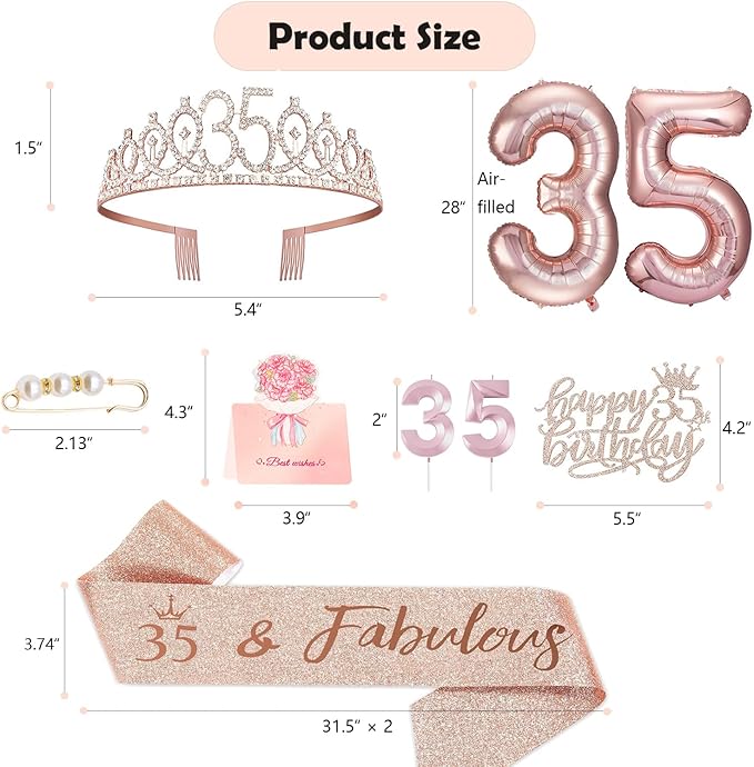 35th Birthday Decorations Gifts for Women, Including 35 year old Birthday Cake Topper, Queen Sash with Pearl Pin, Sweet Rhinestone Tiara Crown, Number Candles and Balloons Set, Rose Gold