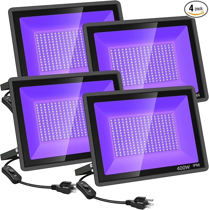 4 Pack 400W LED Black Light,Black Flood Light Outdoor with Plug and Switch, IP66 Waterproof 395nm to 405nm LED UV Blacklight Neon Glow for Glow Party, Halloween, Fluorescent Poster, Body Paint