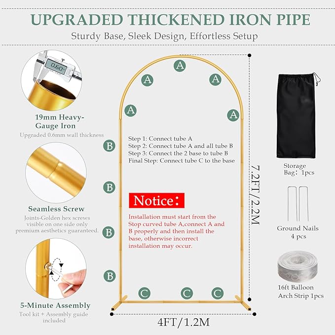 7.2FT Arch Backdrop Stand for Parties, Metal Balloon Arch kit Stand, Gold Wedding Arch Stand Frame for Gender Reveal Ceremony Birthday Anniversary Bridal Graduation Party Event Decoration