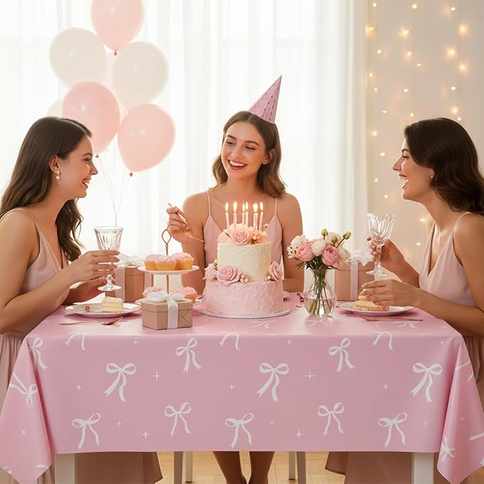 Oigco 2 Pcs Pink Bow Tablecloth, Coquette Birthday Decorations, Bow Plastic Table Cover for Girls Bridal Wedding Pink Bow Birthday Decorations, 54x108 Inch
