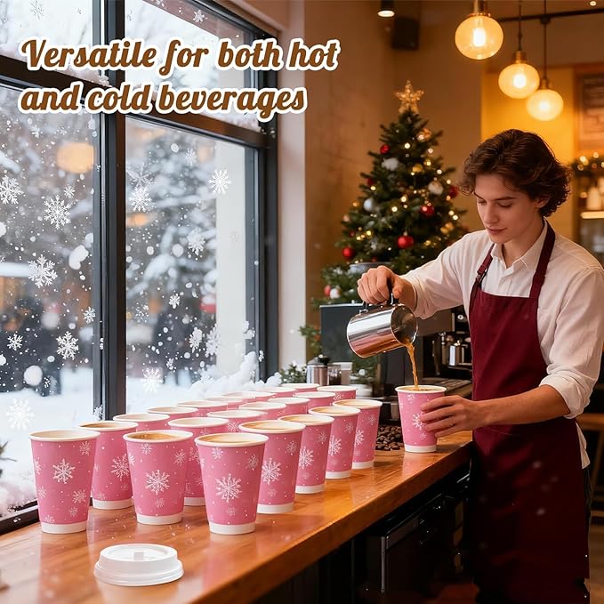 100 Pcs 12 Oz Pink Christmas Coffee Cups with Lids Snowflake Winter Wonderland Disposable Cups Insulated Paper Cups Togo Cups for Hot Chocolate Water Tea Xmas Holiday Birthday Party Supplies