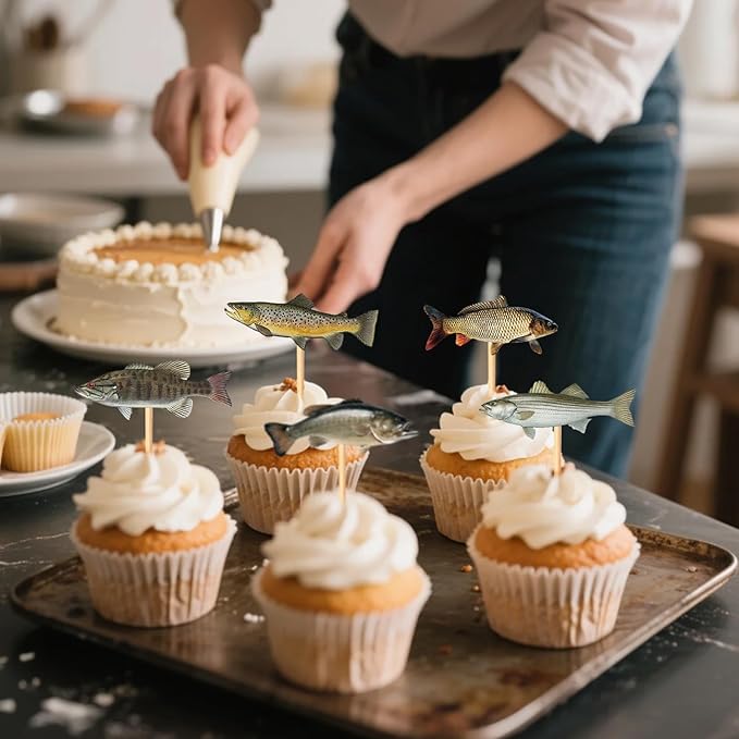 30 pcs Double-Sided Fish Cupcake Toppers Go Fishing Theme Decorations Baby Shower Happy Birthday Party Tropical Party Cake freshwater fish Decoration Supplies