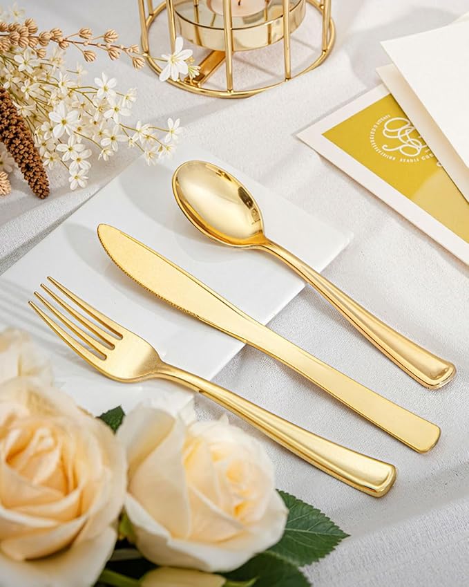 bUCLA 600 Pieces Gold Plastic Silverware - Disposable Gold Utensils - Heavyweight Plastic Cutlery set- 200 Forks, 200 Spoons, 200 Knives for Party & Thanksgiving