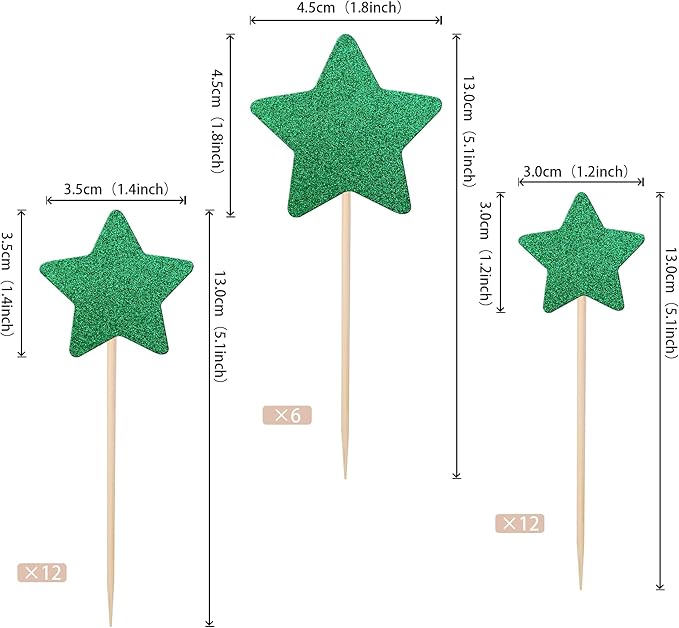 30 PCS Star Cupcake Toppers Glitter Assembled Twinkle Star Cupcake Picks Wedding Engagement Bridal Shower Birthday Party Cake Decorations Supplies Mixed Size Green