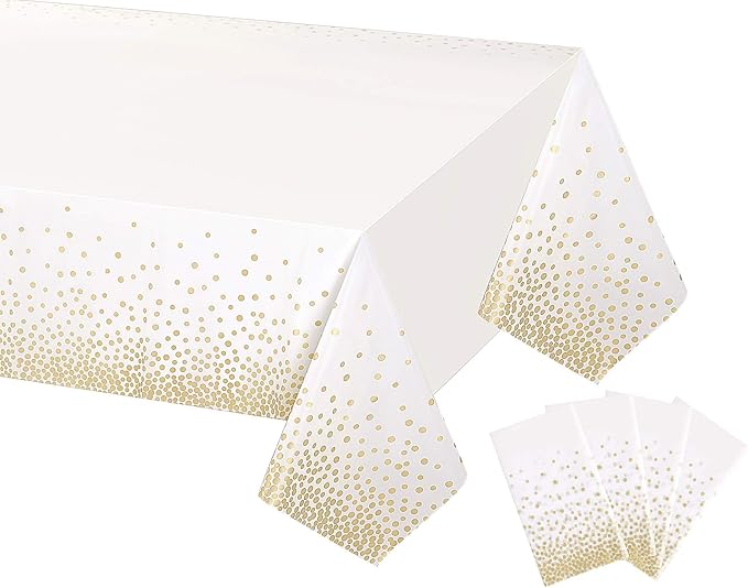 Gexolenu 4 Pack White & Gold Dot Plastic Tablecloth for Rectangle Tables(54" x 108"), Disposable Table Cloth for Birthday, Wedding, Baptism Decorations, Engagement Party Decorations