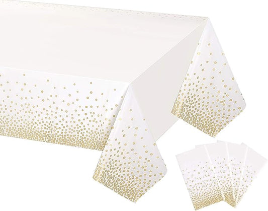 Gexolenu 4 Pack White & Gold Dot Plastic Tablecloth for Rectangle Tables(54" x 108"), Disposable Table Cloth for Birthday, Wedding, Baptism Decorations, Engagement Party Decorations