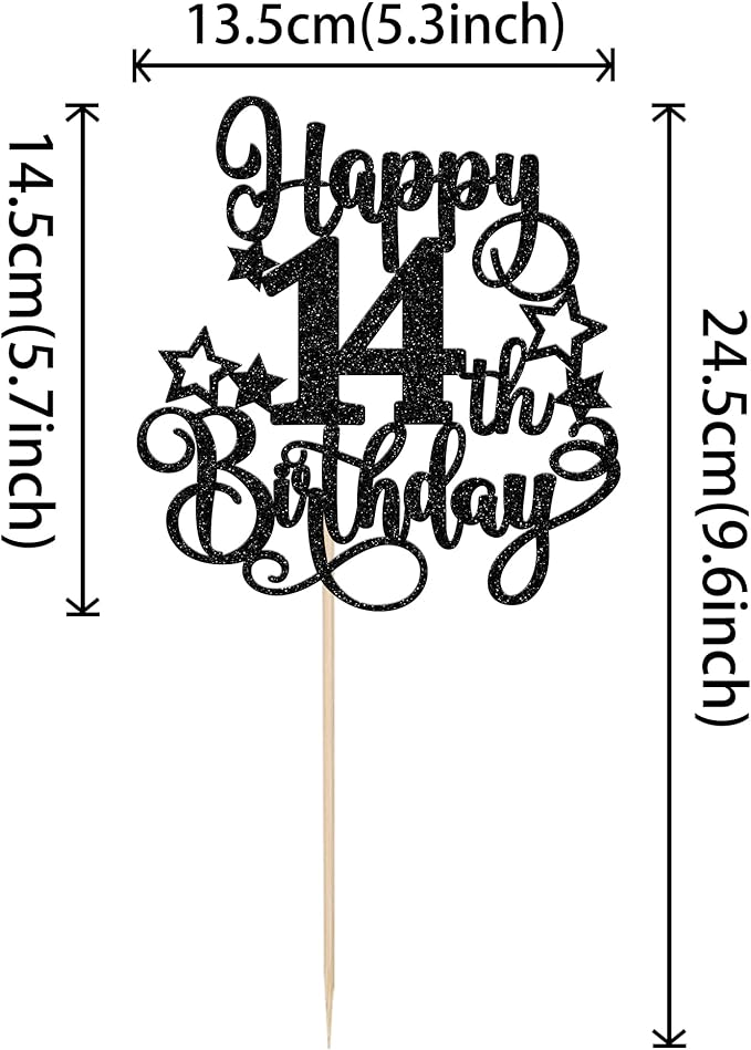1 PCS Happy 14st Birthday Cake Topper Glitter Cheers to 14 Years Birthday Cake Pick Hello 14 Fabulous Cake Decoration for Happy 14st Birthday Anniversary Party Decorations Supplies Black