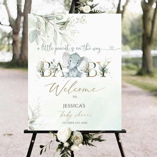 Generic Blue Floral Elephant Baby Shower Welcome Sign, 4mm Corrugated Plastic, Weatherproof & Fade-Resistant, Baby Shower Decoration