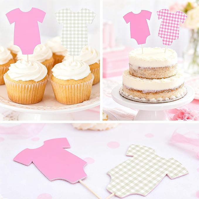 ALISSAR 36 Pcs Pink Gingham Cupcake Toppers - Baby Shower Decorations for Girls, Bodysuit & Cupcake Toppers, Diaper Cake Decor, Gender Reveal Party Supplies