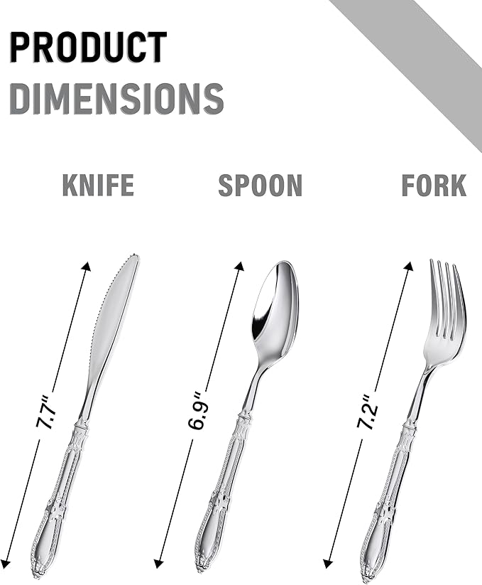 Nervure 300PCS Silver Plastic Silverware - Heavy Duty Disposable Cutlery Set,Luxury Silver Plastic Utensils include 100Pcs Forks, 100Pcs Spoons, 100pcs Knives Perfect for Wedding,Party,Daily Use