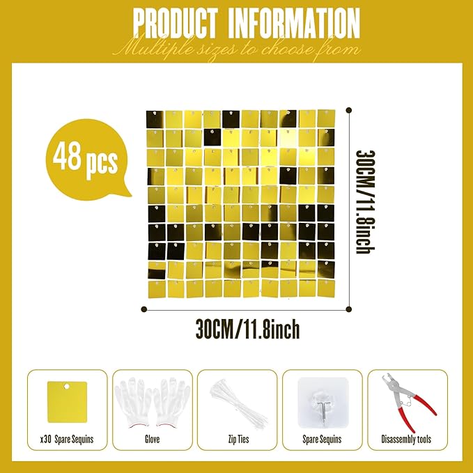 Shimmer Wall Sequin Backdrop, 48pcs Square Shimmer Wall Sequin Backdrop, DIY Party Shiny Decor for Wedding, Birthday, Anniversary, Graduation, Holiday&Home Background Supplies (Gold)