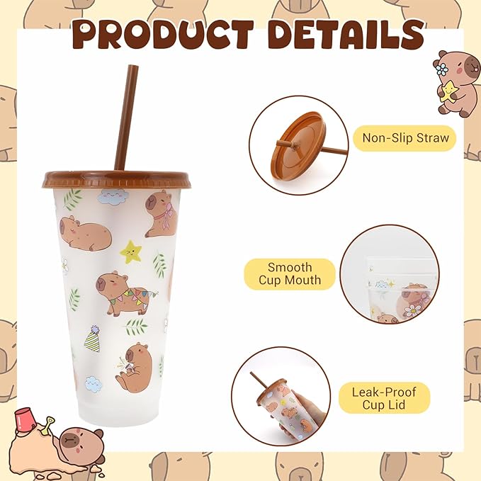 12 Pcs Capybara Birthday Decorations Plastic Cups with Lid and Straw 24 oz Capybara Cups for Party Favors Baby Shower Supplies