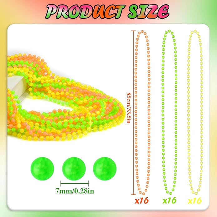 Glow in the Dark Beads Necklaces Glow Party Supplies, 33" Yellow Green Orange UV Black Light Necklaces for Glow Party Favors Night Accessories, Halloween Birthday Party Decorations