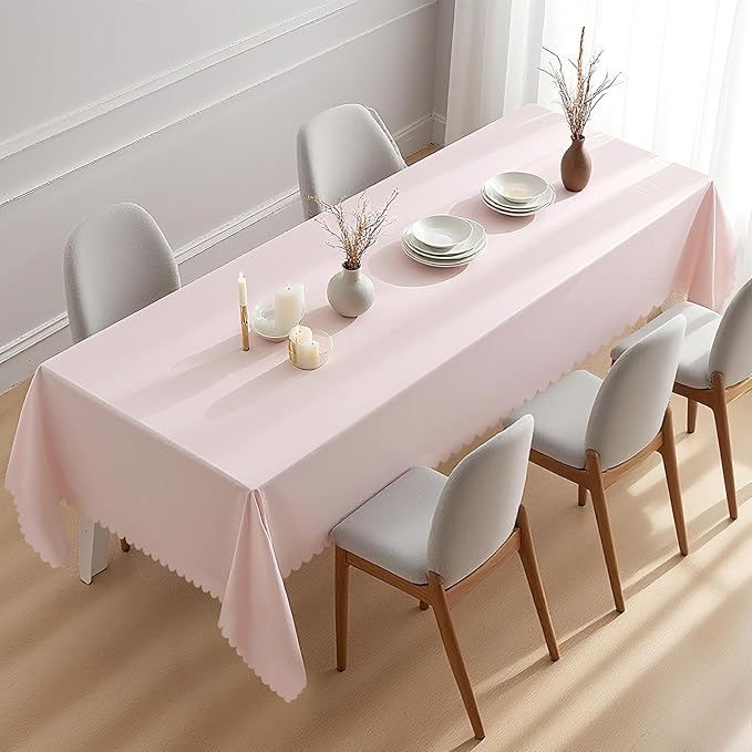 3 Pack Plastic Light Pink Tablecloth, Disposable Scalloped Edge Table Cloth Waterproof Rectangle Pink Table Cover for Birthday Bridal Wedding Baby Shower, 54 X 108 Inch
