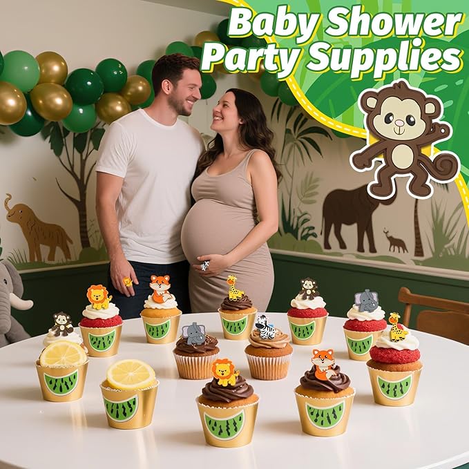24 PCS Jungle Animals Cupcake Toppers Forest Theme Cupcake Ring Lion Monkey Zebra Fox Giraffe Elephant Cake Topper for Birthday Baby Shower Oh Baby Party Favor Nursery Wild Party Supplies