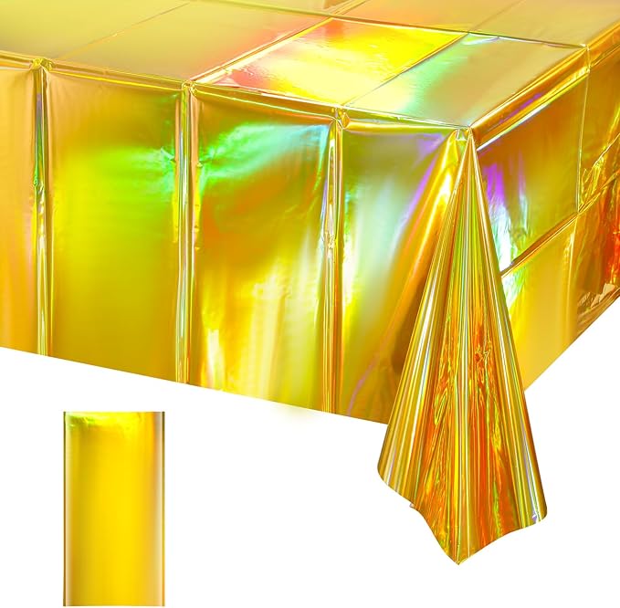 1 Pack Gold Iridescent Plastic Tablecloths Shiny Disposable Laser Rectangle Table Covers Holographic Foil Tablecloth Iridescent Party Decorations Birthday Bridal Wedding Christmas, 54 x 108 Inch